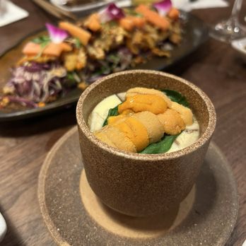 Kata Robata - Uni Chawanmushi (front & my favorite), Pork Belly & Fresh Papaya Salad (back) - Sushi Bars Near Me - Houston, Texas Kata Robata - Uni Chawanmushi (front & my favorite), Pork Belly & Fresh Papaya Salad (back) - Sushi Bars Near Me - Houston, Texas