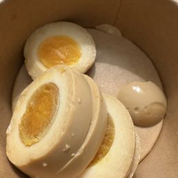 Egg I received. Cold, sliced into 6 pieces and tasted very strongly of KIMCHI not soy, indicating the knife was not clean. Egg I received. Cold, sliced into 6 pieces and tasted very strongly of KIMCHI not soy, indicating the knife was not clean.