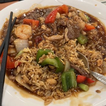 Big Skyy Bistro - 96. Kung Pao Combination Over Fried Rice big portions and great flavor - Seafood Near Me - Riverside, California Big Skyy Bistro - 96. Kung Pao Combination Over Fried Rice big portions and great flavor - Seafood Near Me - Riverside, California