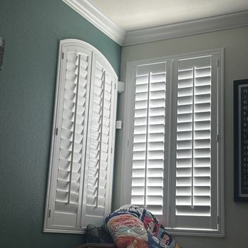 Prestige Interiors - Two corner wooden shutters Different shape - Shades & Blinds Near Me Prestige Interiors - Two corner wooden shutters Different shape - Shades & Blinds Near Me