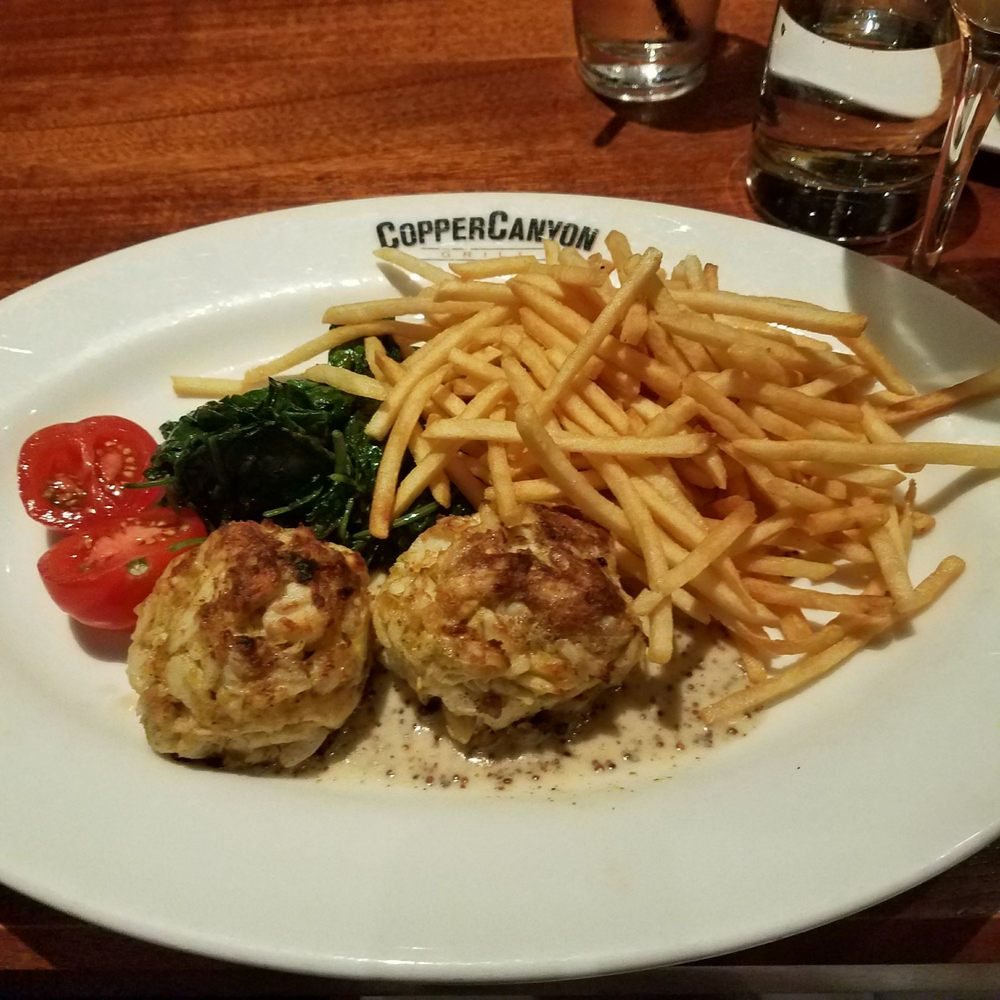 Copper Canyon Grill- Silver Spring - Crab cakes, sauteed spinach and shoestring fries - American Near Me - Silver Spring, Maryland Copper Canyon Grill- Silver Spring - Crab cakes, sauteed spinach and shoestring fries - American Near Me - Silver Spring, Maryland