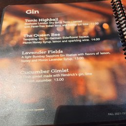 a menu for gin a menu for gin