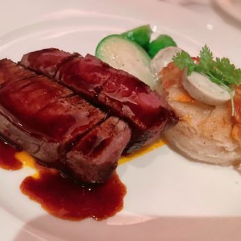 Gary Danko - Seared Filet of Beef with Potato Gratin, Brussels Sprouts, Blue Cheese Butter, and Shallot Marmalade. - New American Near Me - San Francisco, California