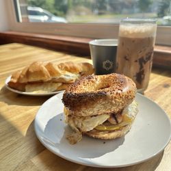BBCR Cafe - Front: Double Egger Breakfast Sandwich - Montreal Bagel and Sausage ($7)