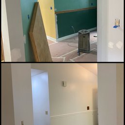 Formal living and dining room, before (mint green) and after Formal living and dining room, before (mint green) and after