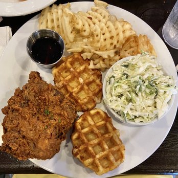 Bigg Daddy's - Chicken and waffles with Jim bean syrup. Sides are waffle fries and cilantro slaw. - American Near Me - Cornelia, Georgia
