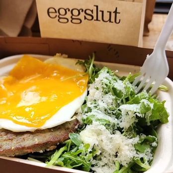 Eggslut - Bunless sausage sandwich with arugula salad - New American Near Me - Glendale, California Eggslut - Bunless sausage sandwich with arugula salad - New American Near Me - Glendale, California