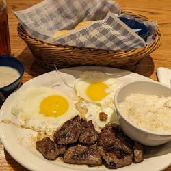 Cracker Barrel Old Country Store - Country Boy Breakfast with steak tips, eggs sunny side up, grits, and okra