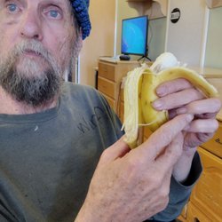 Garden Village - Winfield upon arrival eating a banana he brought from home.