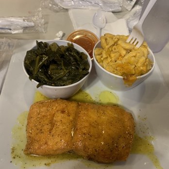 House Divided Bottle & Taps - Fried lemon pepper salmon, greens, Mac and Cheese -$23  Henny Colada - $16 - Wine Bars Near Me - greensboro, North Carolina