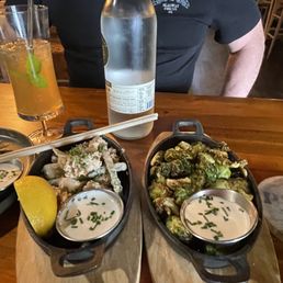 Happy hour pupu portion sizes Brussels Sprouts $8, Frito Misto $10