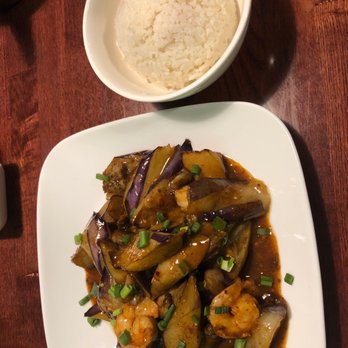 High Peak Asian Restaurant - Garlic eggplant add shrimp with coconut rice - Burmese Near Me - Lincoln, Nebraska