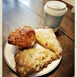 Stick + Fin - Raspberry-white chocolate scone, cinnamon 'cruffin' (croissant muffin), and strawberry turnover.