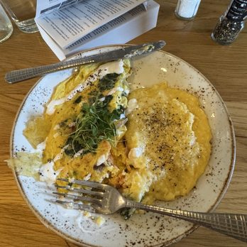 Fork and Plough - Salmon Omelette and Cheese Grits - New American Near Me - Greenville, South Carolina