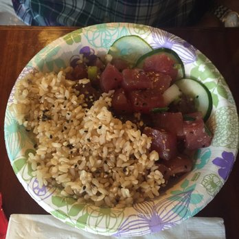 Sleeping Giant Grill - Poke bowl with brown rice. Simple sauce on fish, very clean taste. Added soy sauce, yum! - Seafood Near Me - Kapaa, Hawaii