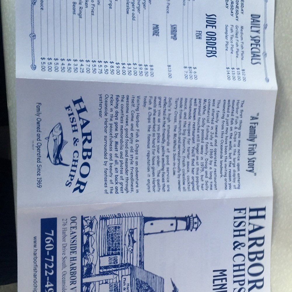 Harbor Fish & Chips - Back of menu - Fish & Chips Near Me - Oceanside, California