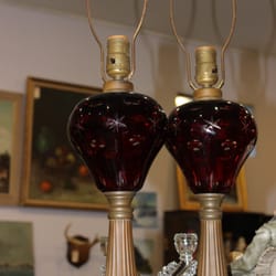 Ridgewood Antiques - Set of marble and brass lamps with ruby red crystal .