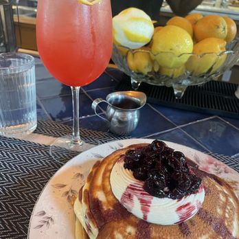 Superette - OMG!  Cherry pancakes and a mocktail.  Life IS good! - Wine Bars Near Me - Gainesville, Florida