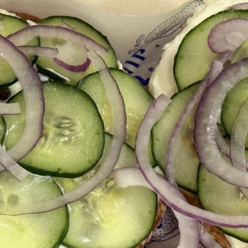 Starship Bagel - Open faces salt bagel with cucumber, onion, and capers! - Bagels Near Me - Dallas, Texas Starship Bagel - Open faces salt bagel with cucumber, onion, and capers! - Bagels Near Me - Dallas, Texas