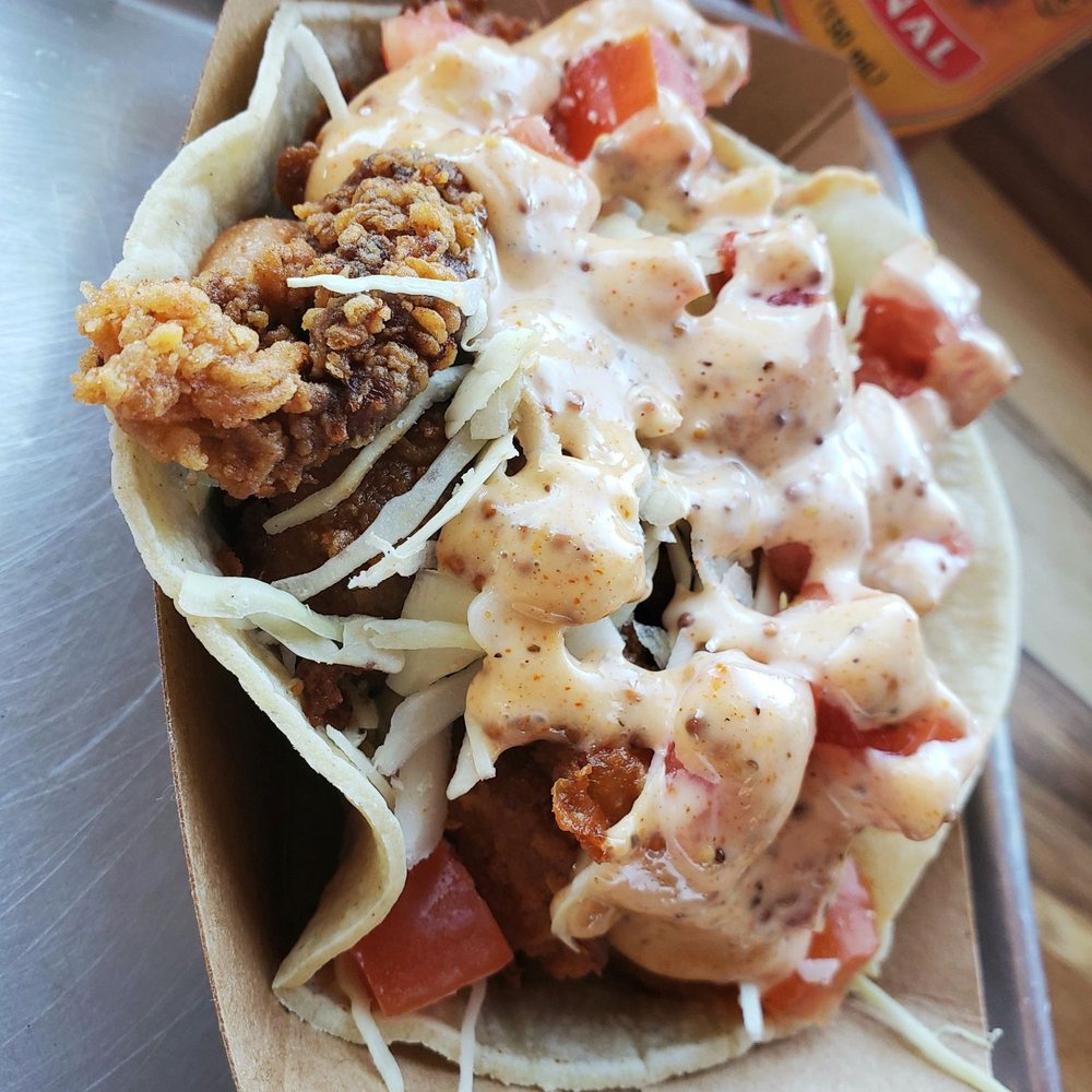 A Taco Affair - Shrimp Po Boy Taco: Cajun Popcorn Shrimp, Red Tomato, Green Cabbage, and Old Bay Mustard Aioli !! LUV !! - Tacos Near Me - Denville, New Jersey A Taco Affair - Shrimp Po Boy Taco: Cajun Popcorn Shrimp, Red Tomato, Green Cabbage, and Old Bay Mustard Aioli !! LUV !! - Tacos Near Me - Denville, New Jersey