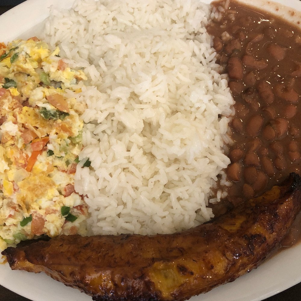Gran Colombia Restaurante - desayuno sabroso with rice, beans, plantains and pirico style eggs - Colombian Near Me - Houston, Texas