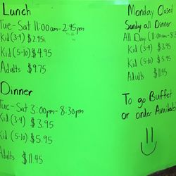 Great China Buffet - Hand written menu