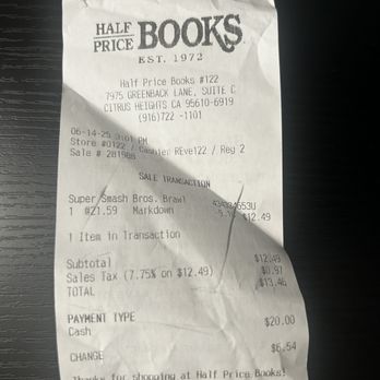 Half Price Books - Receipt - Books, Mags, Music & Video Near Me - Citrus Heights, California