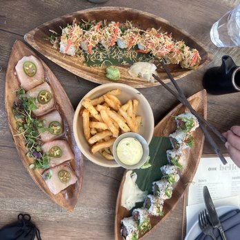 Belles Beach House - Yellowtail sashimi, tuna roll, salmon roll & fries - Tiki Bars Near Me - Venice, California Belles Beach House - Yellowtail sashimi, tuna roll, salmon roll & fries - Tiki Bars Near Me - Venice, California