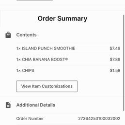 Online receipt. I thought the prices were great (especially because the smoothie was huge!) Online receipt. I thought the prices were great (especially because the smoothie was huge!)