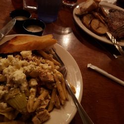 Wj's - Penne pasts with grilled chicken and very tender ribeye steak and fried potatoes