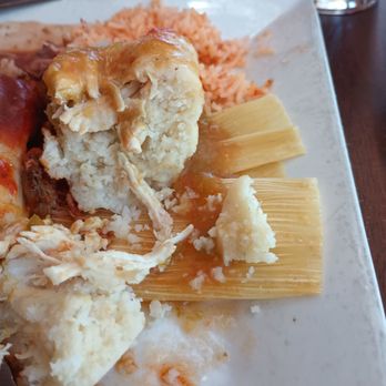 Tres Colores - Close up view of the large amount of masa and small amount of chicken. - Mexican Near Me - Santa Fe, New Mexico