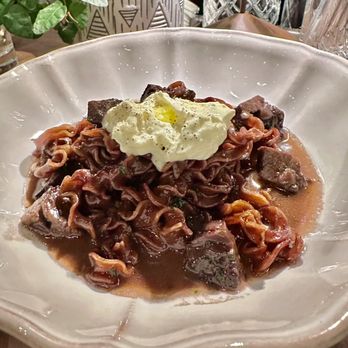 Sorella - Drunken Mafaldine. Long ribbony pasta braised w red wine beef cheek ragu, topped w burrata and butter. - Italian Near Me - San Francisco, California Sorella - Drunken Mafaldine. Long ribbony pasta braised w red wine beef cheek ragu, topped w burrata and butter. - Italian Near Me - San Francisco, California