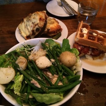 Buvette - (Clockwise) Salade De Poulet, waffle sandwich, and Cr'q Forestier-- all delicious! - French Near Me - New York, New York