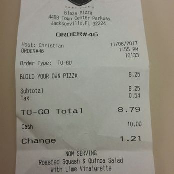 Blaze Pizza - Receipt - Salad Near Me - Jacksonville, Florida