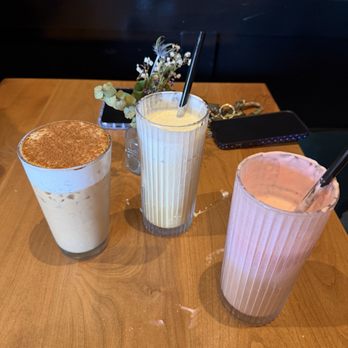 Chaiwale & Co - Gulab jamun latte(right) and dirty cardamom chai (2 on left-both tasted different/different cups too) - Coffee & Tea Near Me - San Diego, California Chaiwale & Co - Gulab jamun latte(right) and dirty cardamom chai (2 on left-both tasted different/different cups too) - Coffee & Tea Near Me - San Diego, California