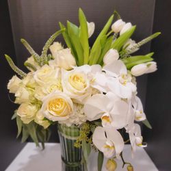 Maghali Floral - "Snowfall" (Phalaenopsis,  White Hydrangeas, Roses, Tulips, Veronica, Baby Roses, Eucalyptus)