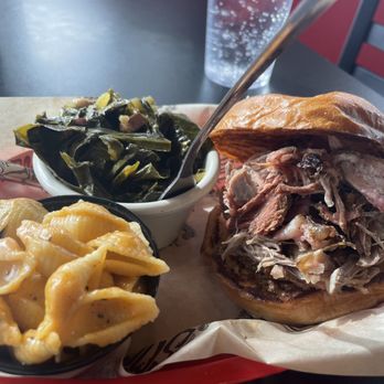 Rolling Smoke BBQ - Centennial - Pulled pork sandwich collared greens and a bit of Mac n cheese - Barbeque Near Me - Centennial, Colorado