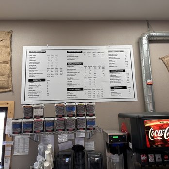 True Brew - Menu as of 3/27/2023 - A menu board at True Brew in Lovington, NM lists coffee, fountain drinks, lemonade, energy drinks, add-ons, desserts, and smoothies. - Coffee & Tea Near Me - Lovington, New Mexico