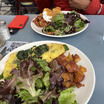 Hamilton's - Three Eggs Omelette Breakfast on bottom and Eggs Benedict on top - Bars Near Me - Brooklyn, New York