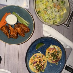 Wings, Caesar Salad, Blackened Shrimp Tacos (LF)