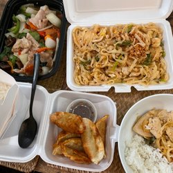 Thai Namtip - Pork basil stir-fry, pot stickers, Chicken pad thai
