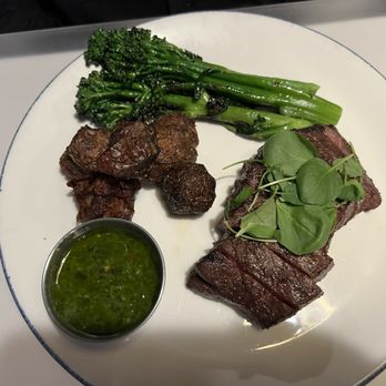 Georges at the Cove - Flank steak with fried sunchokes and broccolini with chimichurri sauce - cooked perfectly! - New American Near Me - La Jolla, California Georges at the Cove - Flank steak with fried sunchokes and broccolini with chimichurri sauce - cooked perfectly! - New American Near Me - La Jolla, California