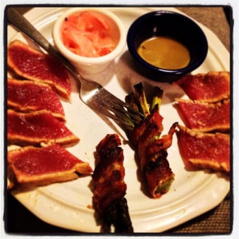 Mic's Kitchen - Seared Ahi Tuna and Applewood Smoked Bacon wrapped Asparagus.  Pickled ginger and Wasabi sauces, gooses! - Southern Near Me