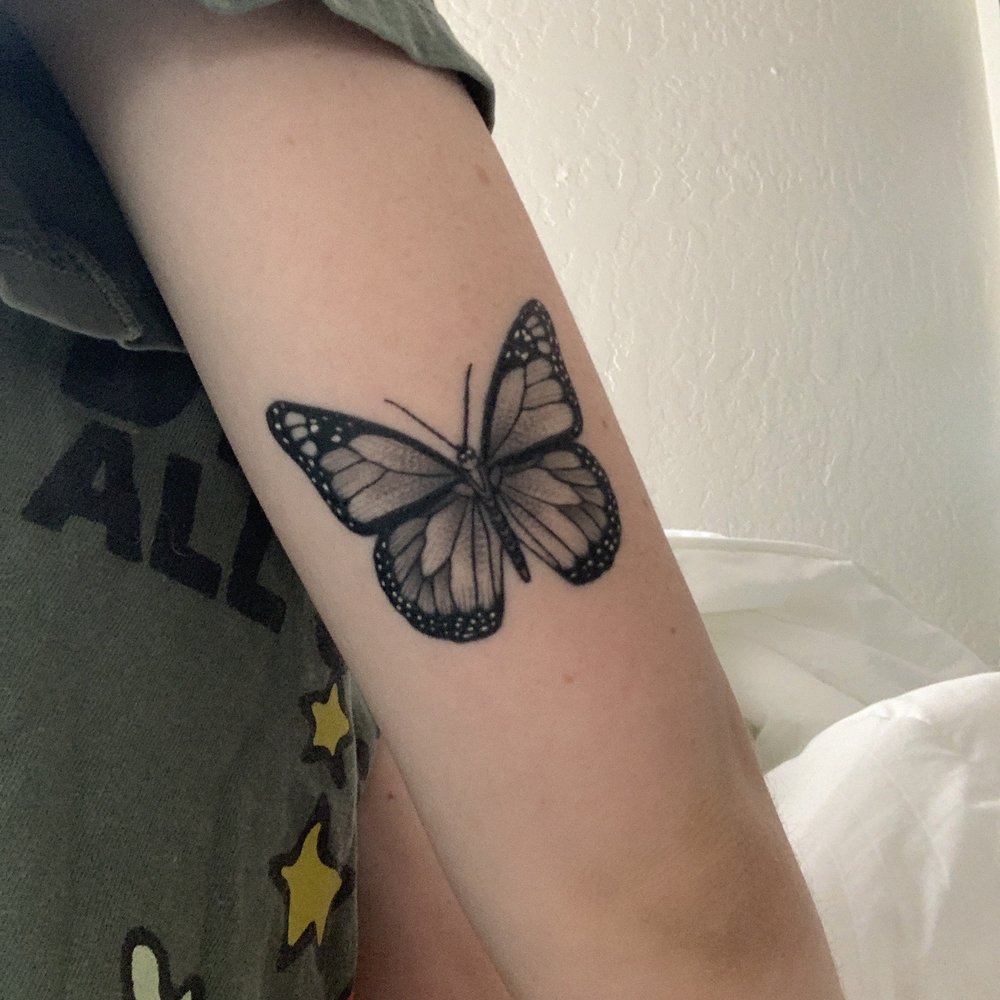 ~1 month healed butterfly tattoo done by @faelien.ink