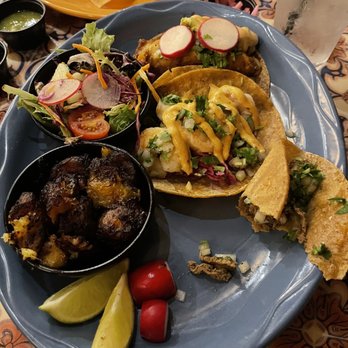Bickering Twins - Three taco plate fried plantains and a salad really no dressing on the salad the plantains were OK I got a mahi a shrimp and a steak taco - Tacos Near Me - Ithaca, New York Bickering Twins - Three taco plate fried plantains and a salad really no dressing on the salad the plantains were OK I got a mahi a shrimp and a steak taco - Tacos Near Me - Ithaca, New York