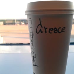 Starbucks - Terminal A - The Thai lady behind the counter wrote my name like this. :)
