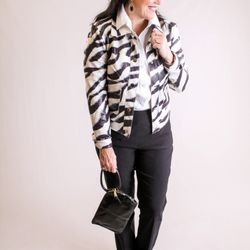 Fashion Crossroads - Zebra print structured jacket over a white, wrinkle free. 100% Cotton blouse and tummy taming black slacks.