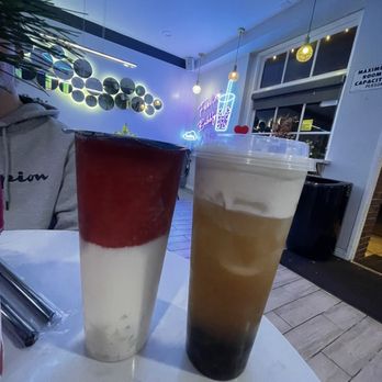 Feng Cha Teahouse - Lychee oolong tea w cream cheese foam and boba + Strawberry Overload - Bubble Tea Near Me - Costa Mesa, California