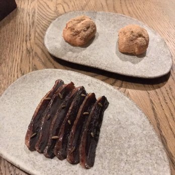 Amass Restaurant - Goose breast cured with sugar beet syrup and a pastry with pickled green strawberry and a goose moose/purée - Scandinavian Near Me - Copenhagen, 84