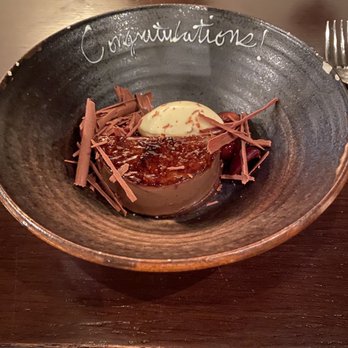 Boka - Chocolate creme brûlée with congratulations written in icing - New American Near Me - Chicago, Illinois Boka - Chocolate creme brûlée with congratulations written in icing - New American Near Me - Chicago, Illinois